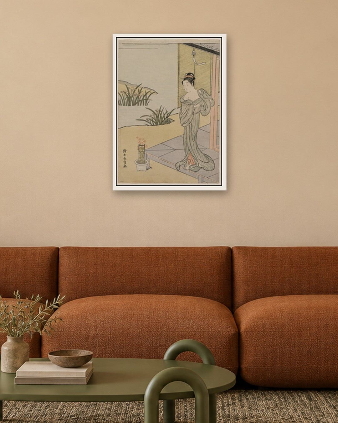 Suzuki Harunobu - Young Woman Looking at a Pot of Pinks - white frame in a room