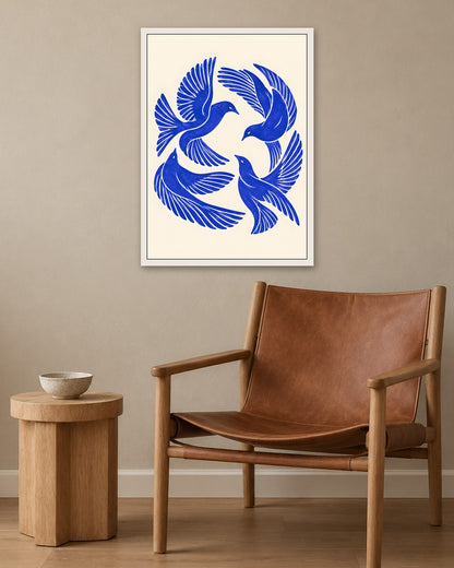Yavr Johanssen - Swirling Blue Birds Linocut - white frame in a room