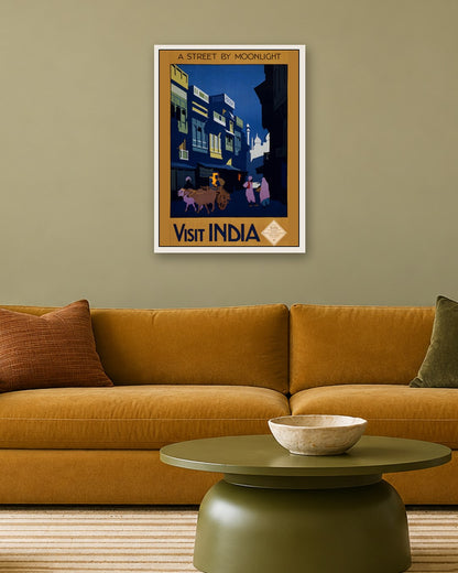 Visit India - A Street by Moonlight - white frame in a room