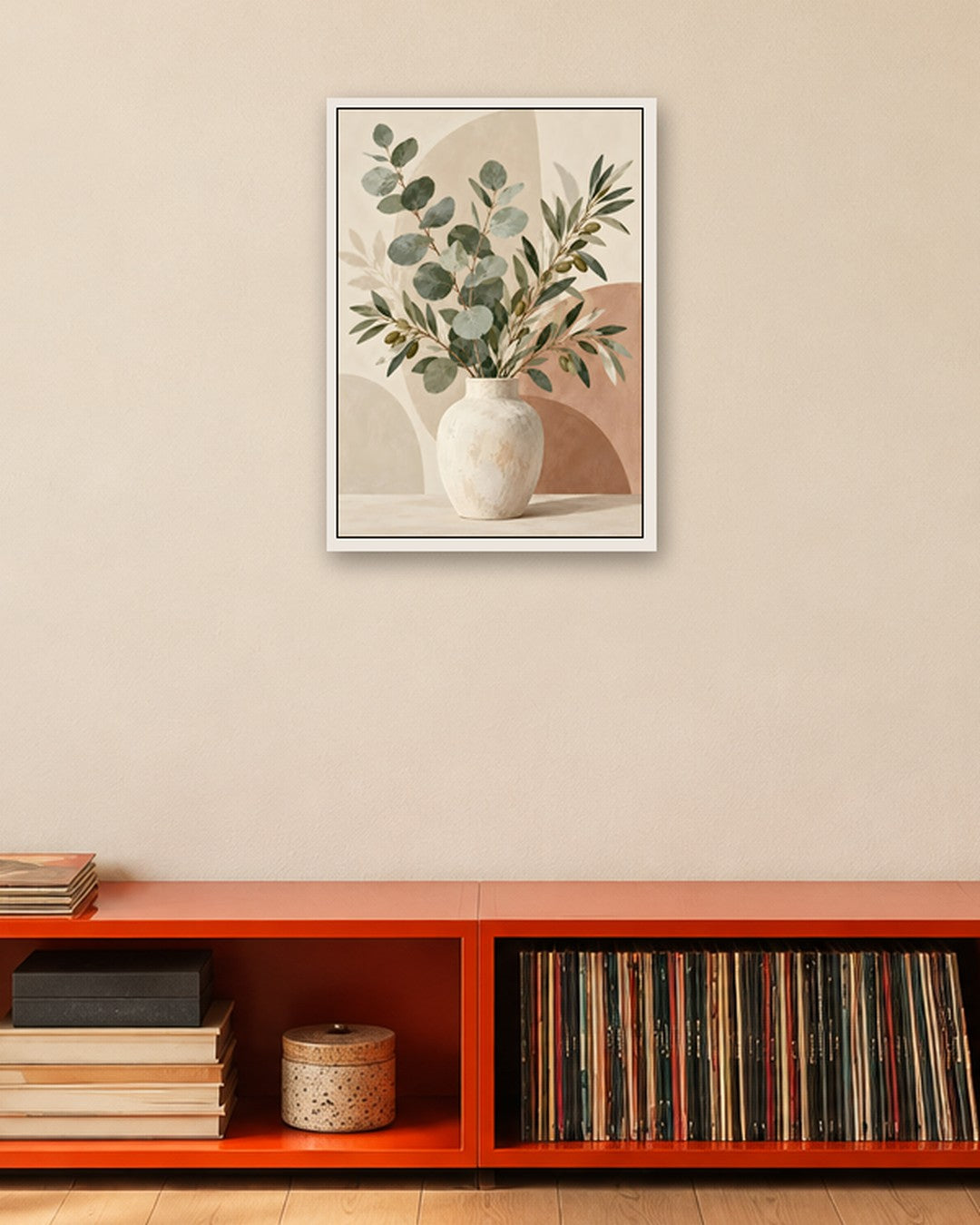 Jennet Hampsonn - Minimalist Eucalyptus and Olive Still Life - white frame in a room