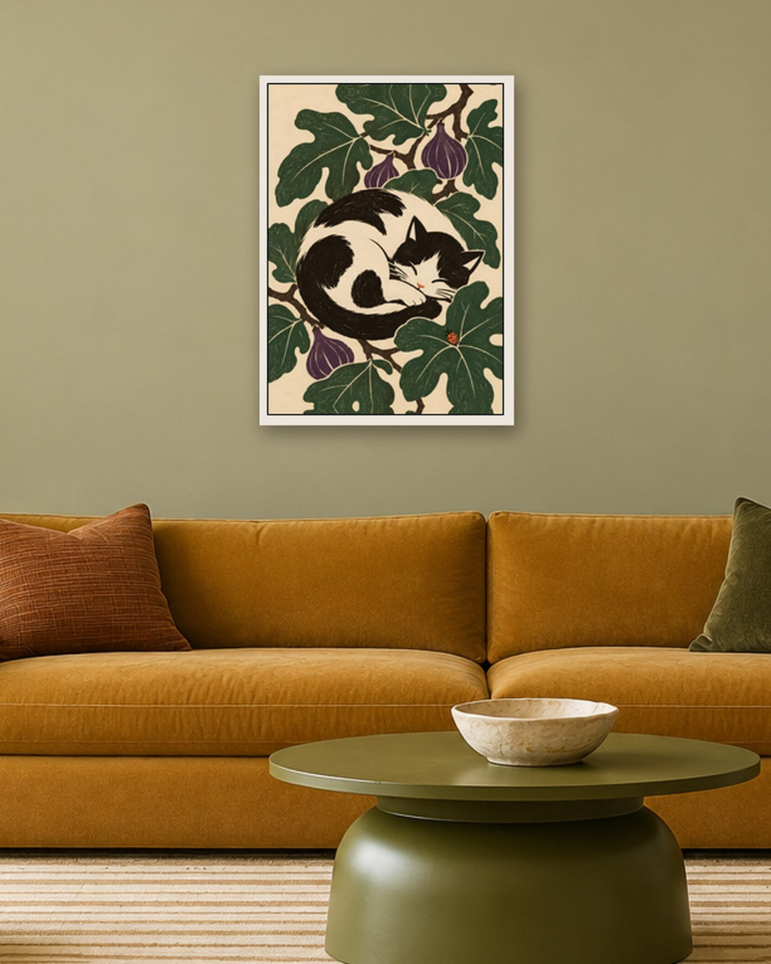 Elise Savoy - Sleeping Cat Fig Leaves - white frame in a room