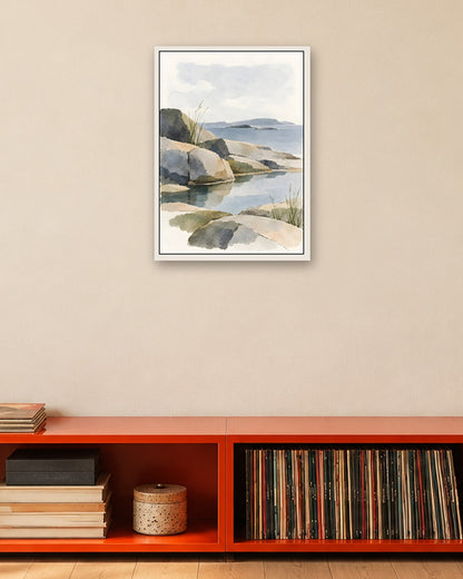 Cengiz Curtis - Serene Rocky Shoreline Study - white frame in a room