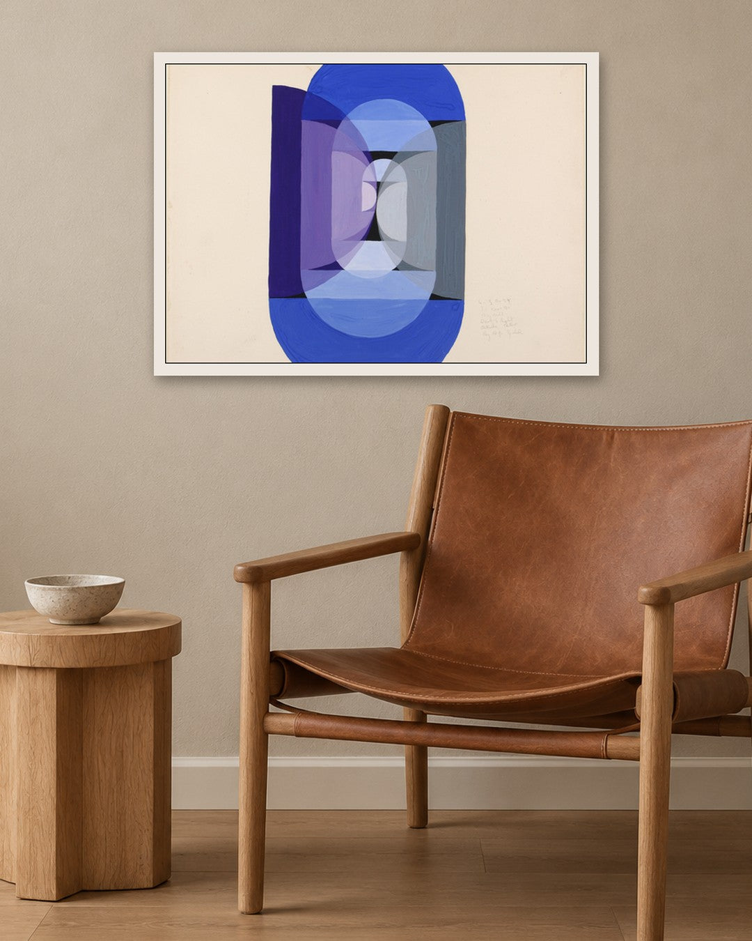 Joseph Schillinger - Blue Gray Violet Wheel (from series, the Mathematical Basis of the Arts) - white frame in a room
