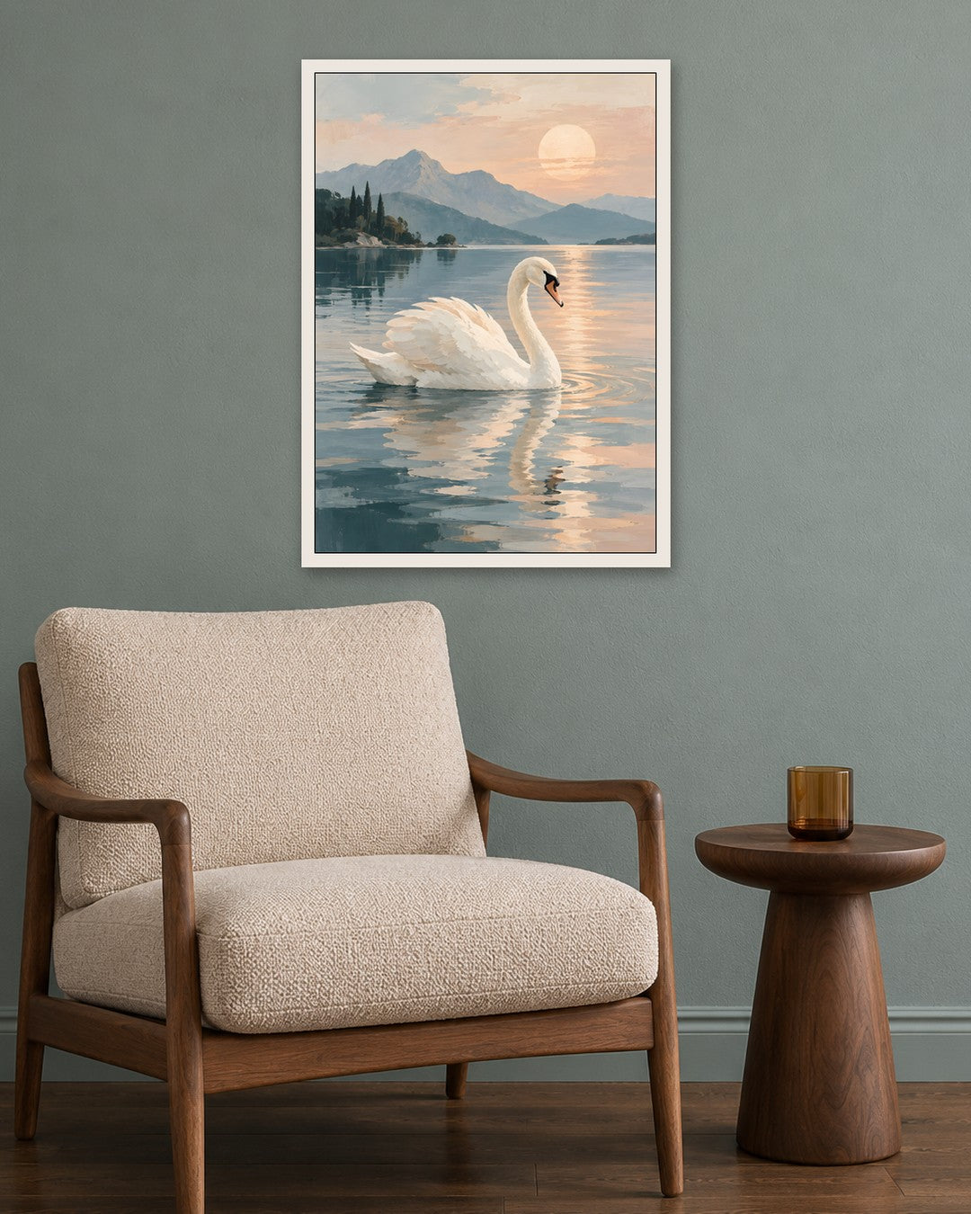 Jennet Hampsonn - Swan at Dawn on a Misty Lake - white frame in a room