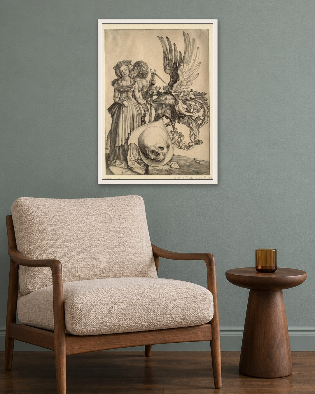 Albrecht Dürer - Coat of Arms with a Skull - white frame in a room