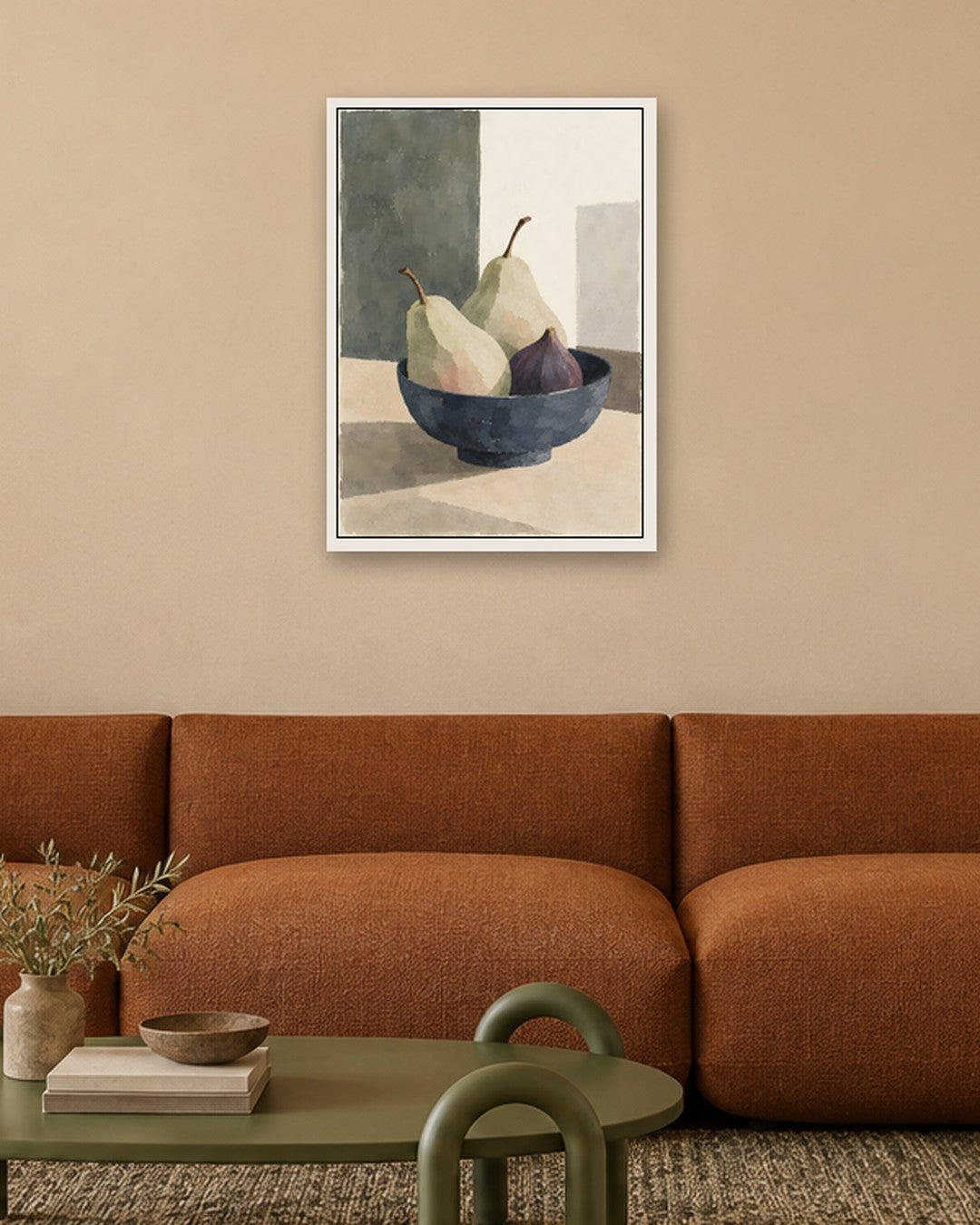 Cengiz Curtis - Muted Pears and Fig in a Dark Bowl - white frame in a room