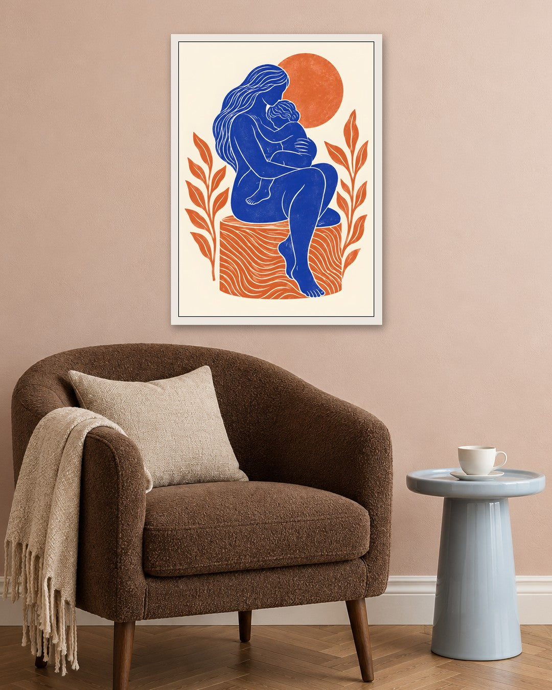 Yavr Johanssen - Linocut Embrace Beneath the Sun - white frame in a room