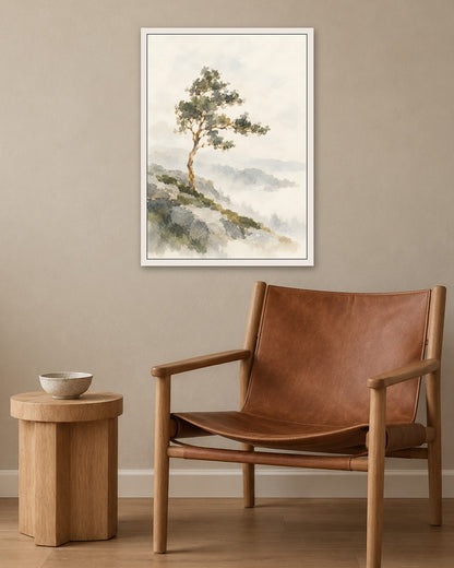 Cengiz Curtis - Windswept Tree in Misty Highlands - white frame in a room