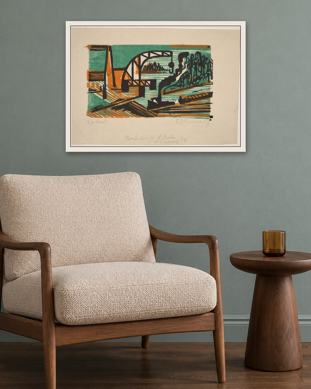 River Landscape with Crane and Barges - white frame in a room