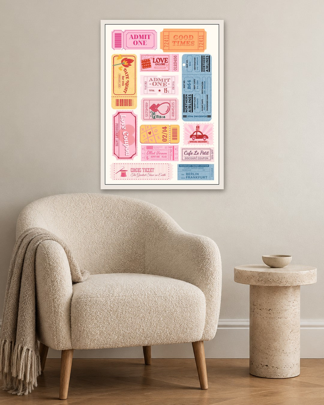 SENT Studio - Ticket Stub Collage - white frame in a room