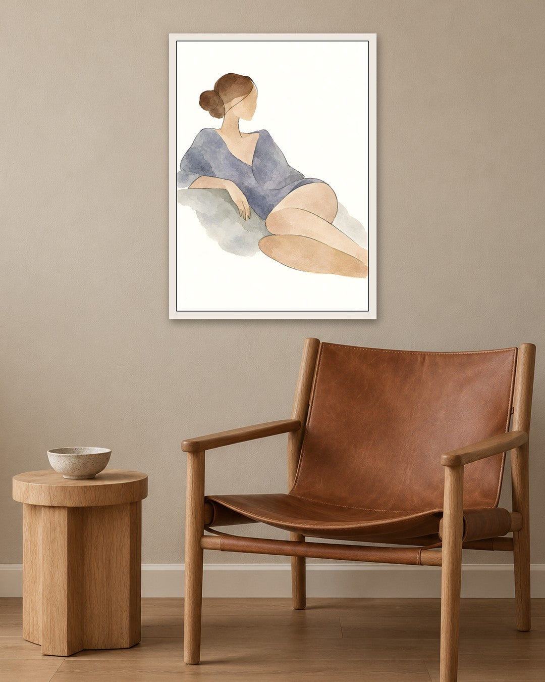 Cengiz Curtis - Serene Reclining Woman in Watercolour - white frame in a room