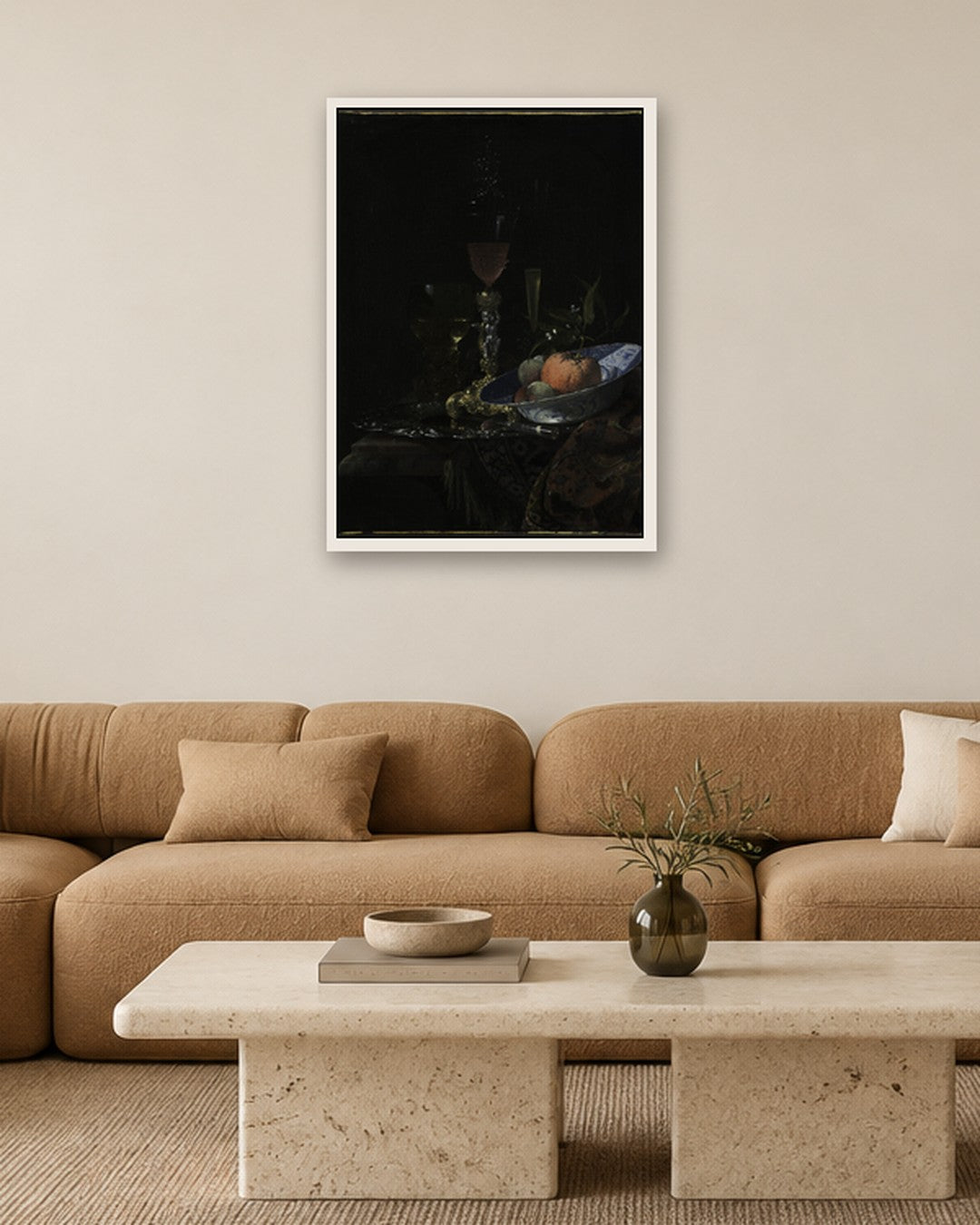 Willem Kalf - Wineglass and a Bowl of Fruit - white frame in a room