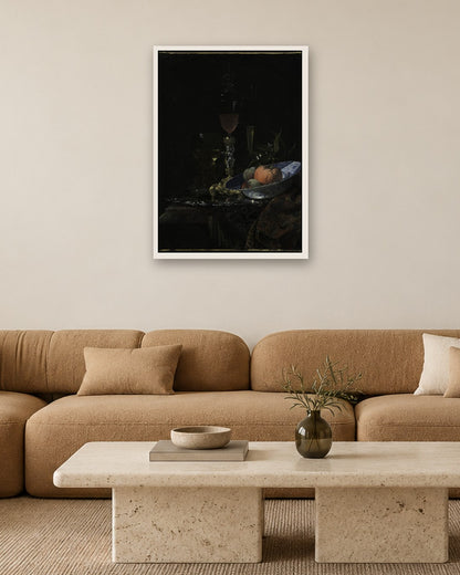 Willem Kalf - Wineglass and a Bowl of Fruit - white frame in a room