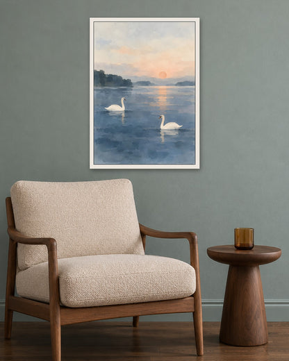 Cengiz Curtis - Dawn Swans on a Misty Lake - white frame in a room