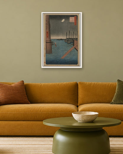 Utagawa Hiroshige - Tsukudajima from  Eitai Bridge, from the series One Hundred Views of Famous Places in Edo - white frame in a room