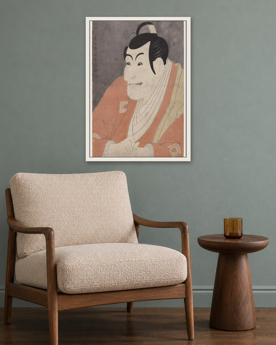 Tōshūsai Sharaku - Ichikawa Ebizō IV (Danjurō) as Takemura Sadanoshin in The Loving Wife's Parti-Colored Reins - white frame in a room