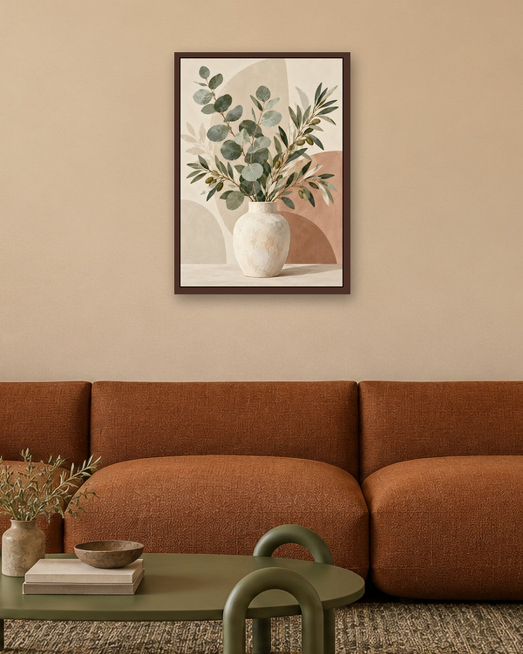 Jennet Hampsonn - Minimalist Eucalyptus and Olive Still Life - dark oak frame in a room