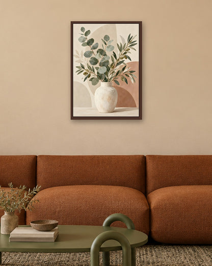 Jennet Hampsonn - Minimalist Eucalyptus and Olive Still Life - dark oak frame in a room