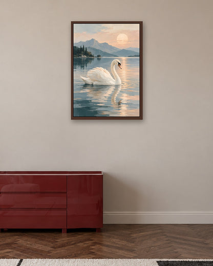 Jennet Hampsonn - Swan at Dawn on a Misty Lake - dark oak frame in a room