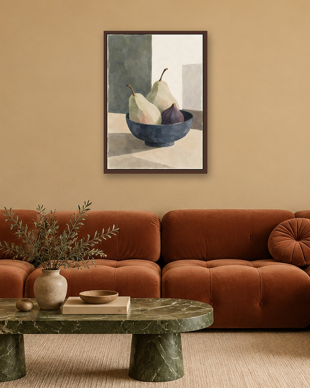 Cengiz Curtis - Muted Pears and Fig in a Dark Bowl - dark oak frame in a room