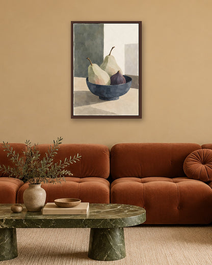Cengiz Curtis - Muted Pears and Fig in a Dark Bowl - dark oak frame in a room