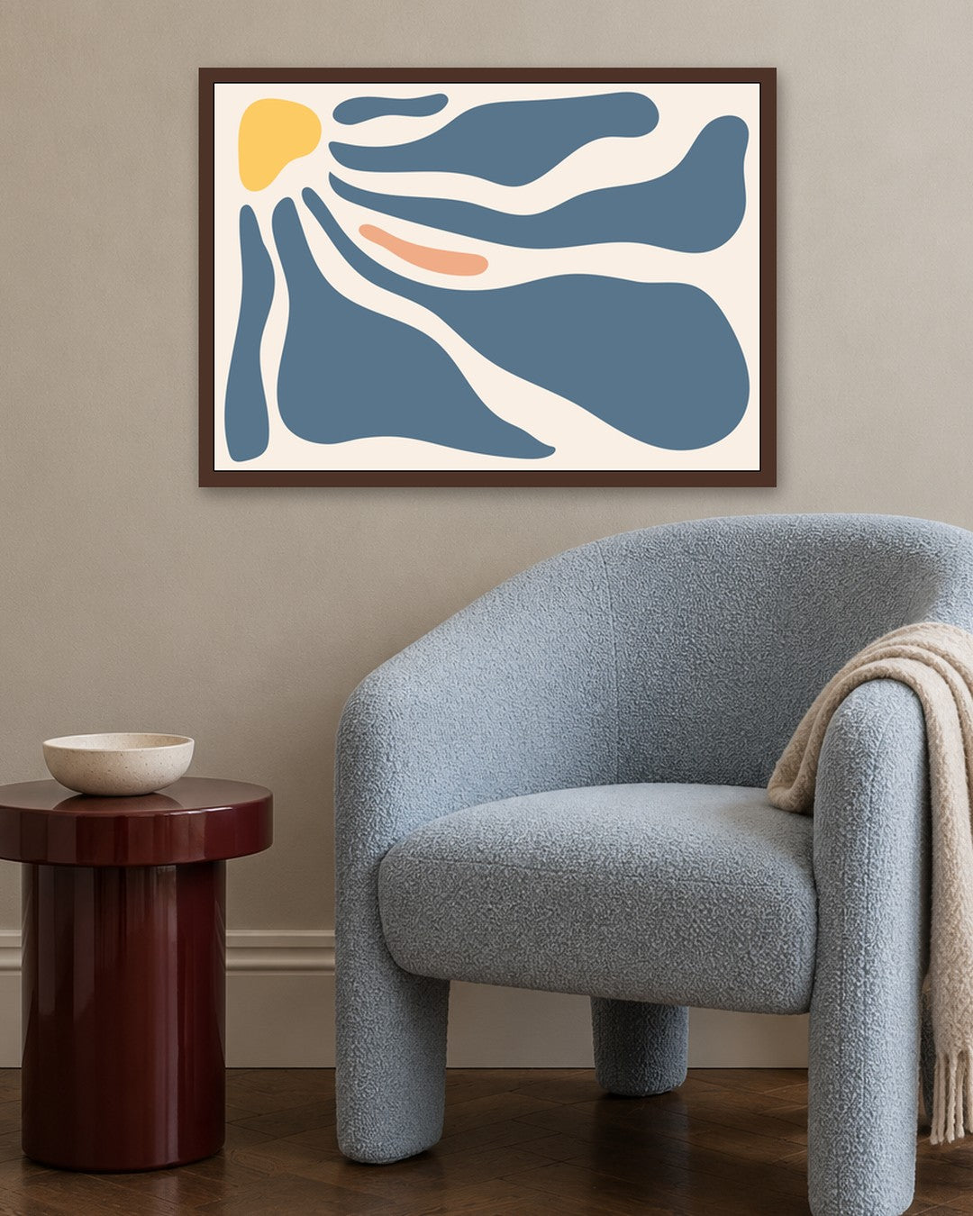Abstract Wave - Blue - dark oak frame in a room