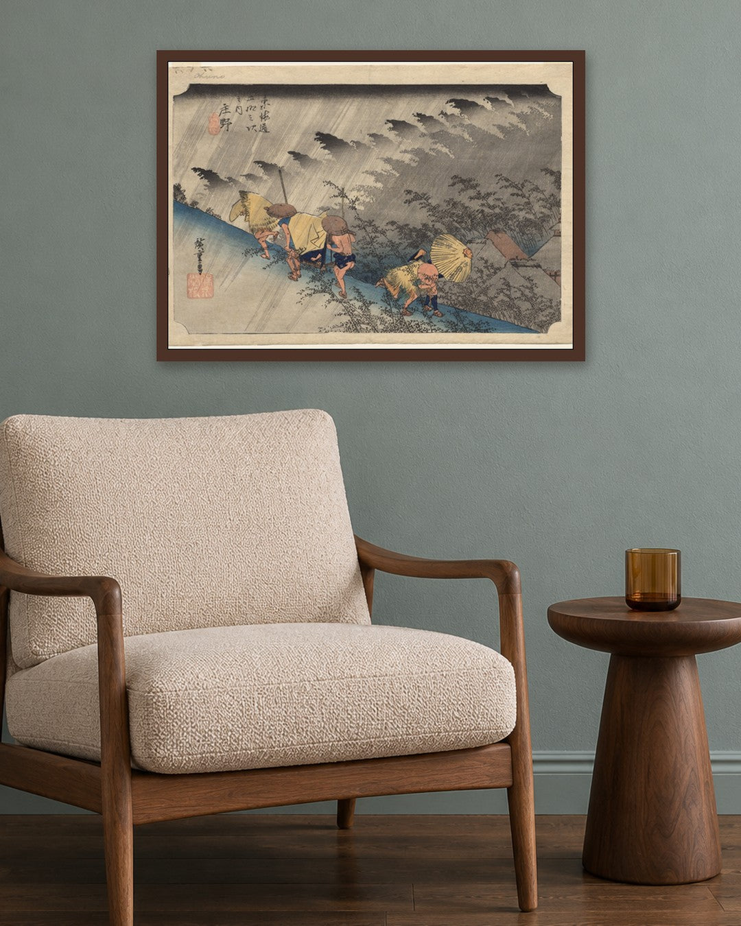 Utagawa Hiroshige - Driving Rain at Shōno, from Fifty-Three Stations of the Tokaidō - dark oak frame in a room