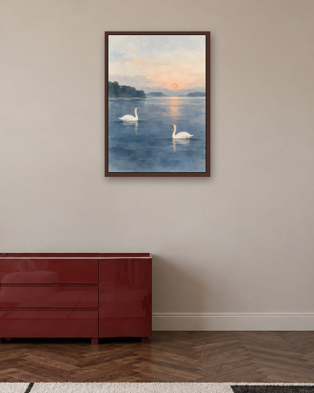 Cengiz Curtis - Dawn Swans on a Misty Lake - dark oak frame in a room