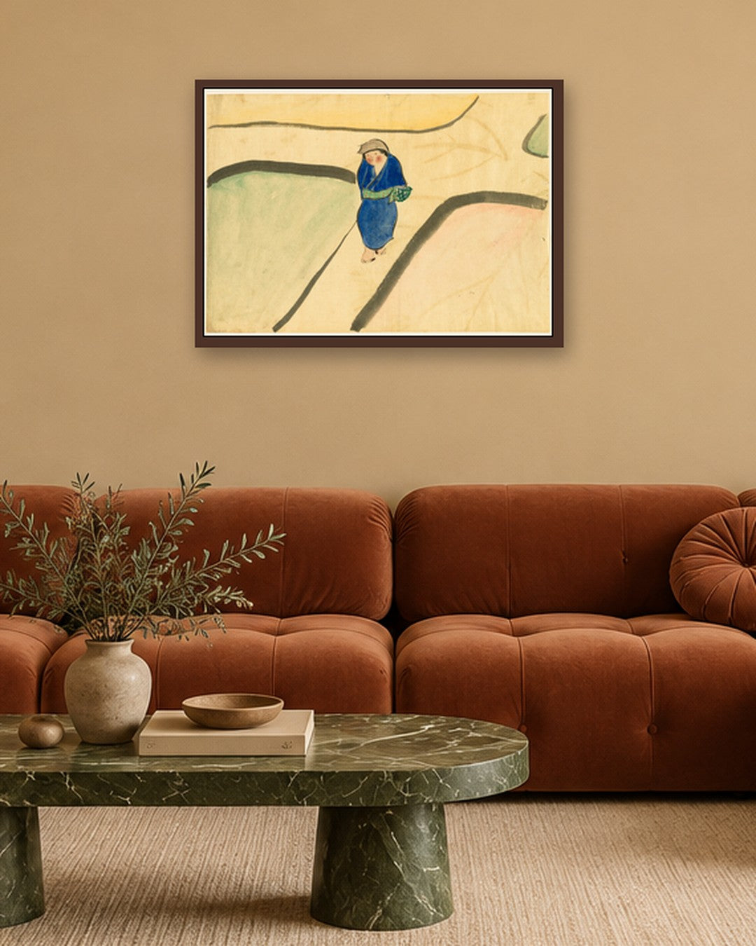 Kamisaka Sekka - Flowers of a Hundred Worlds (Momoyogusa): Spring Field (Haru no tanomo) - dark oak frame in a room