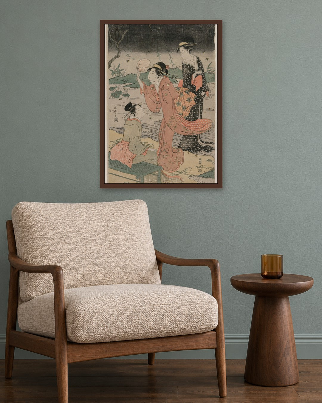Chōbunsai Eishi - Women Beside a Stream Chasing Fireflies - dark oak frame in a room