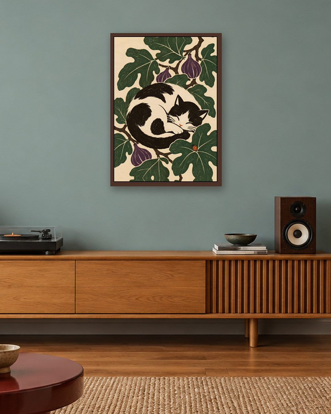 Elise Savoy - Sleeping Cat Fig Leaves - dark oak frame in a room