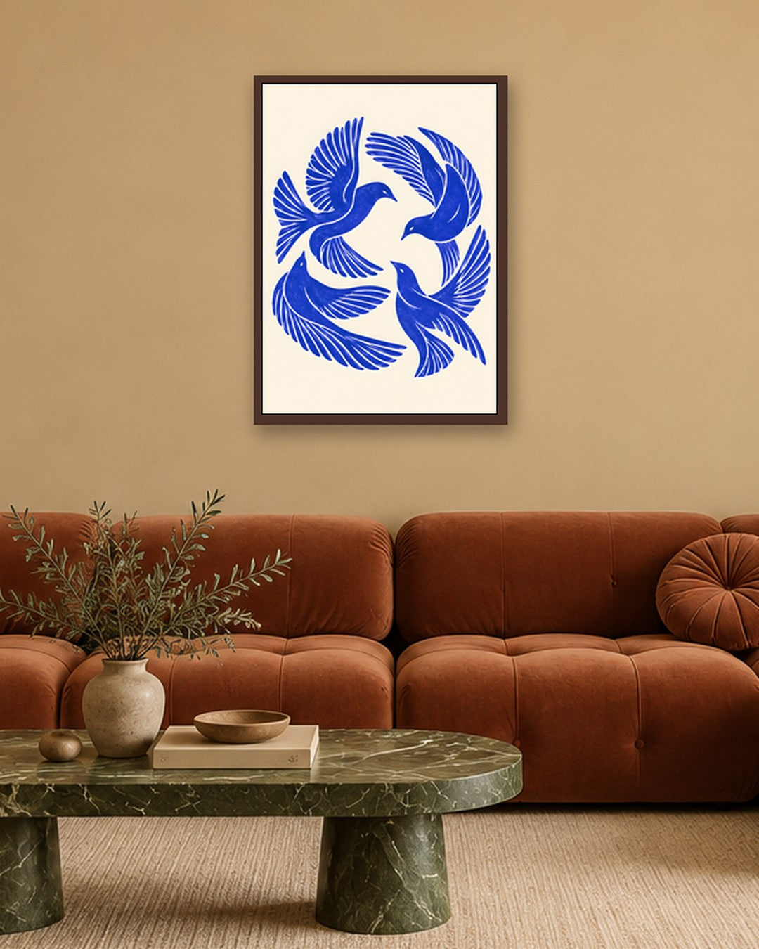 Yavr Johanssen - Swirling Blue Birds Linocut - dark oak frame in a room