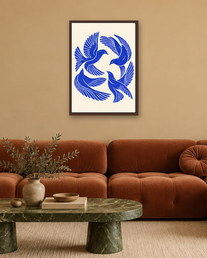 Yavr Johanssen - Swirling Blue Birds Linocut - dark oak frame in a room