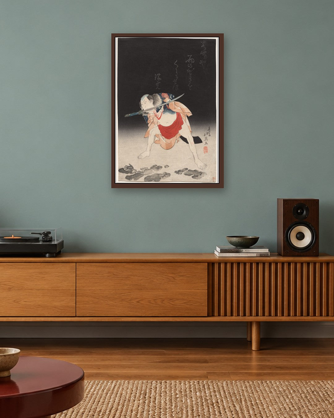 Shunbaisai Hokuei - Arashi Rikan II as Danshichi Kurōbei in "Mirror of Naniwa: The Summer Festival" - dark oak frame in a room