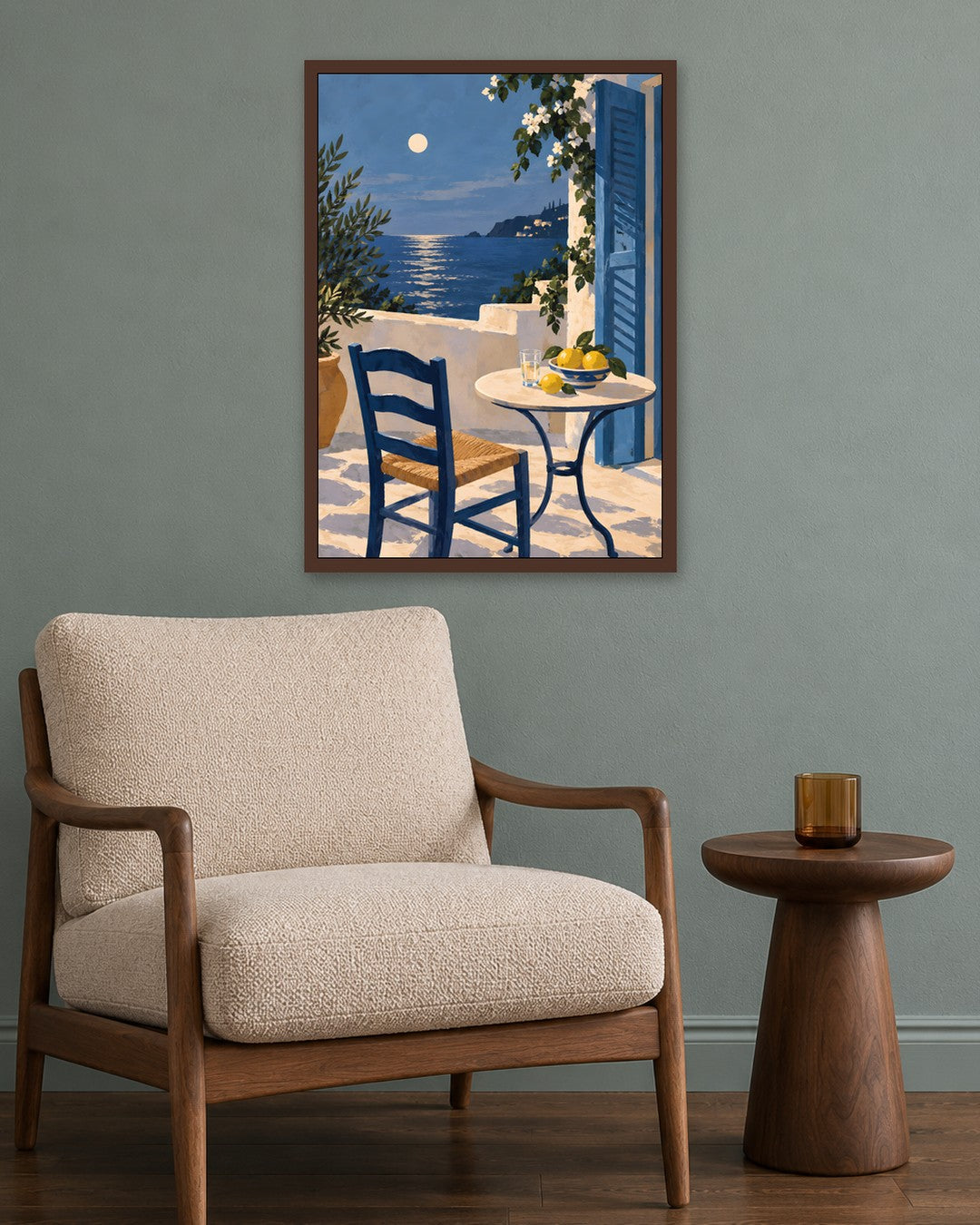 Jinna Jerre - Moonlit Mediterranean Terrace with Lemons - dark oak frame in a room
