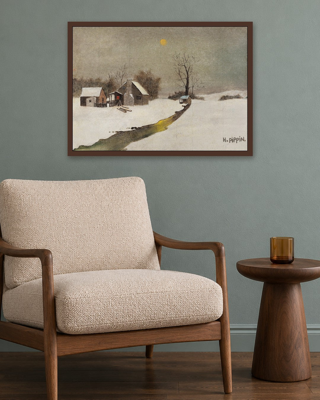 Horace Pippin - Snowy Farmhouse - dark oak frame in a room