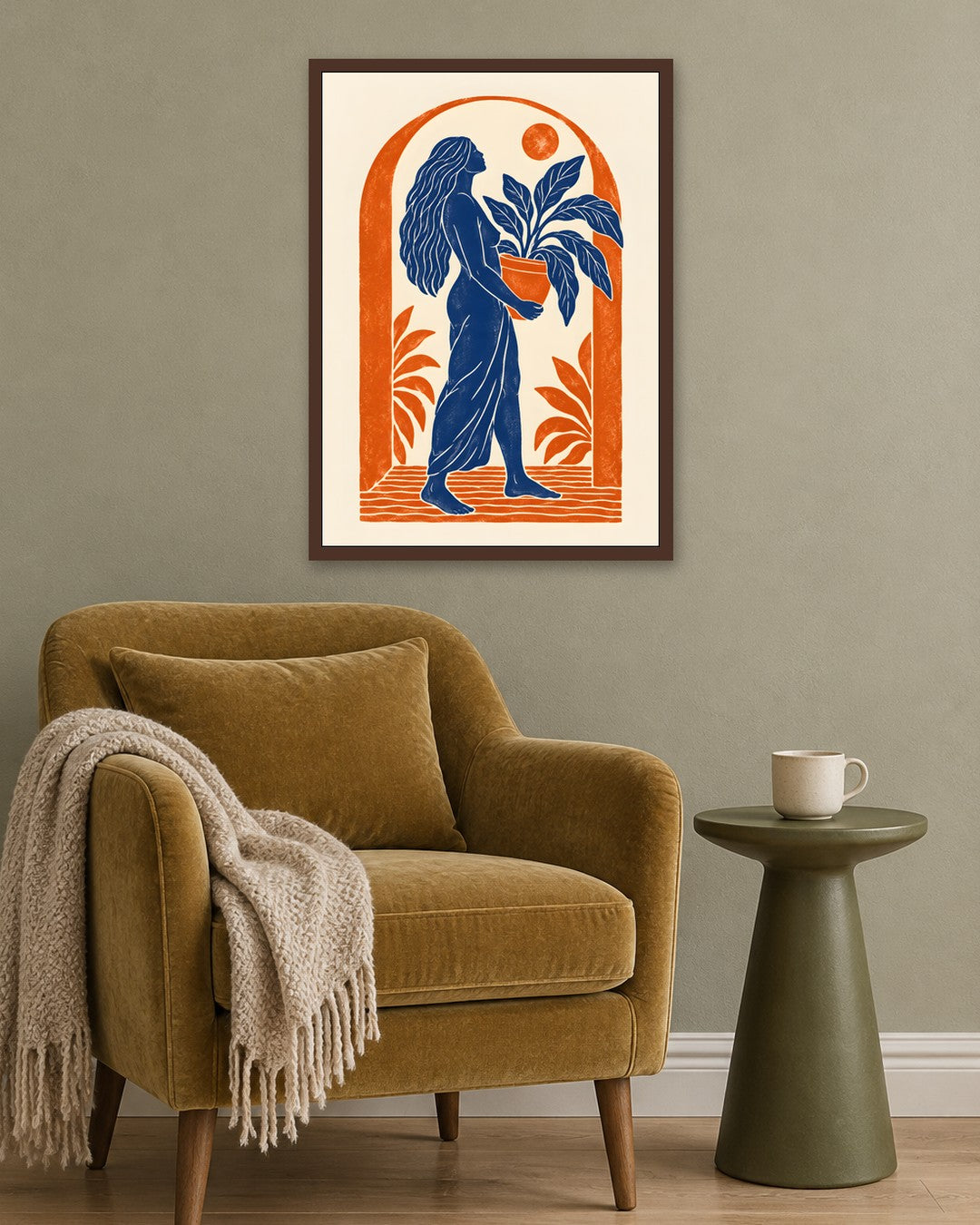 Yavr Johanssen - Linocut Woman with Potted Plant - dark oak frame in a room