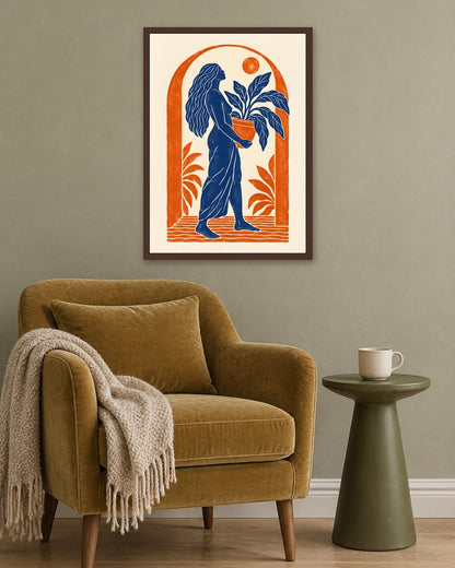 Yavr Johanssen - Linocut Woman with Potted Plant - dark oak frame in a room