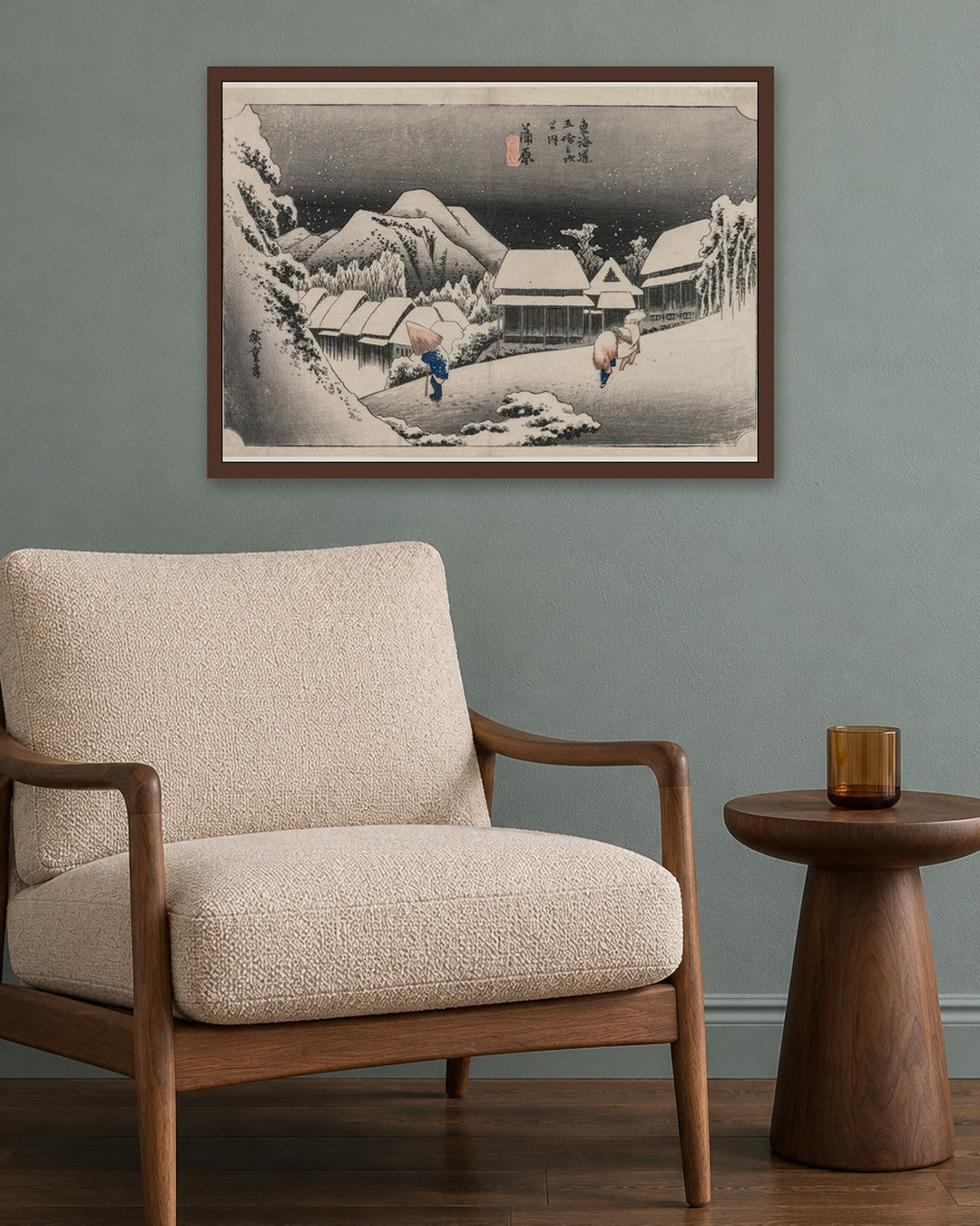 Utagawa Hiroshige - Evening Snow at Kambara (number sixteen of the series Fifty-three Stations of the Tokaido) - dark oak frame in a room