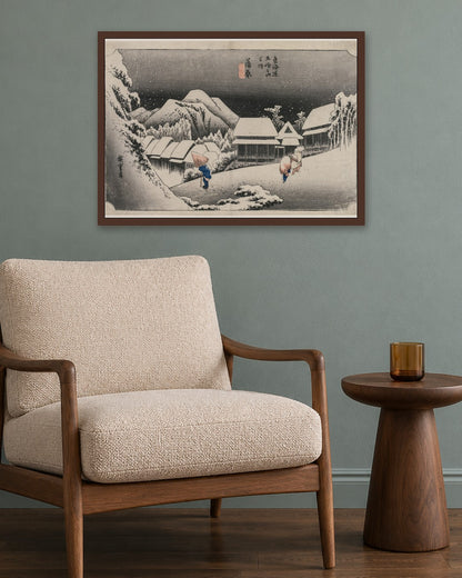 Utagawa Hiroshige - Evening Snow at Kambara (number sixteen of the series Fifty-three Stations of the Tokaido) - dark oak frame in a room