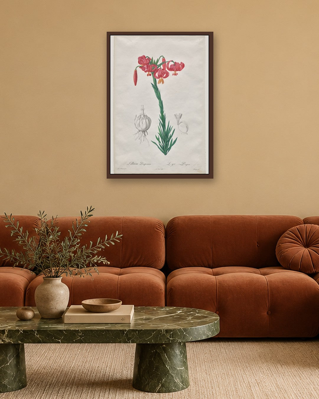 De Gouy - Lillium Pomponium (Turban Lily), plate 7 from Les Liliacées - dark oak frame in a room