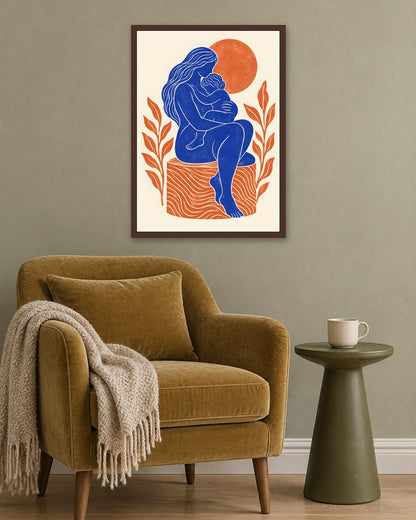 Yavr Johanssen - Linocut Embrace Beneath the Sun - dark oak frame in a room