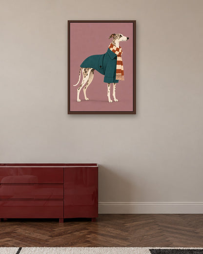Elise Rowan - Winter Whippet - dark oak frame in a room