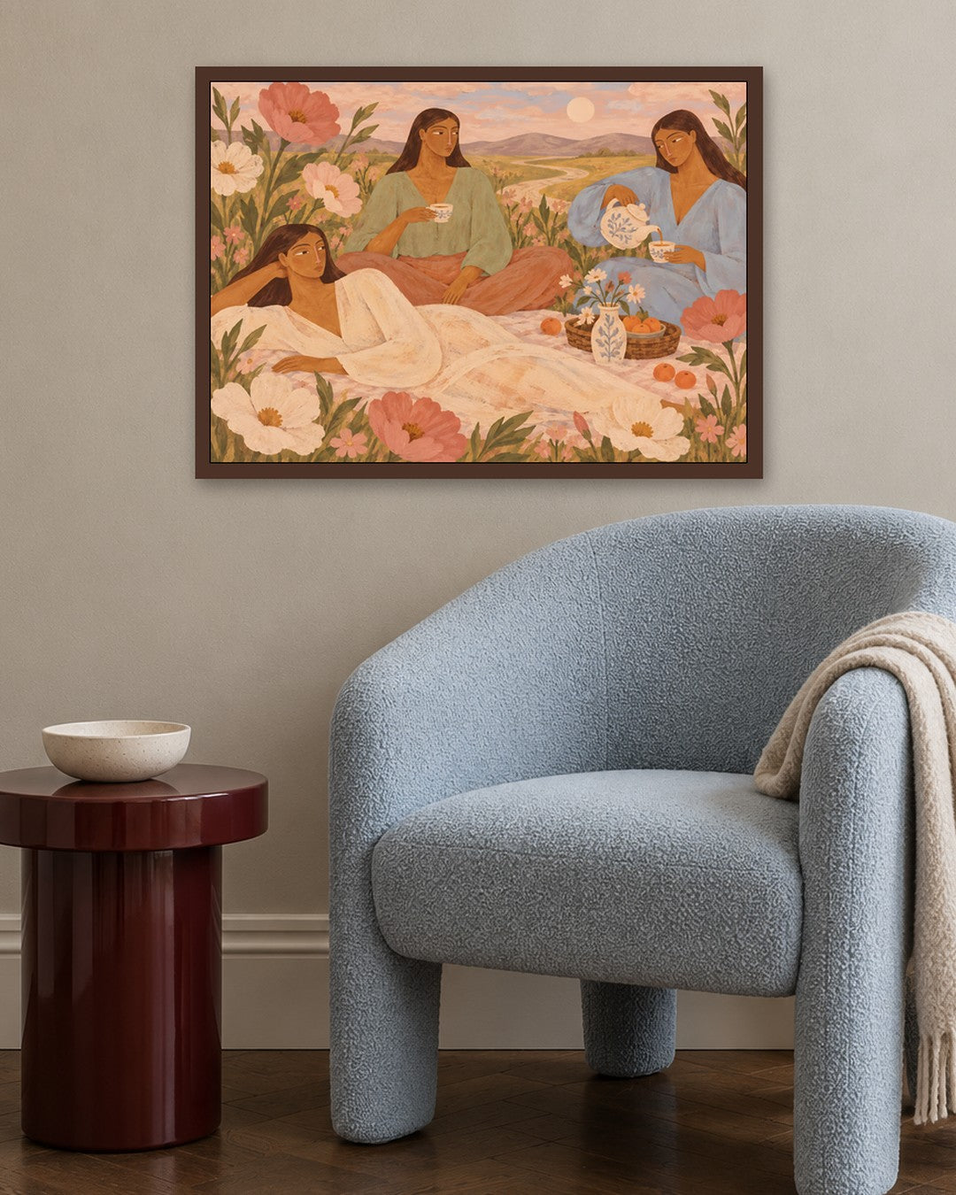 Alice Fray - Tea Among Wildflowers - dark oak frame in a room