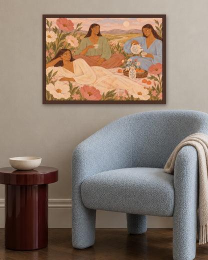 Alice Fray - Tea Among Wildflowers - dark oak frame in a room