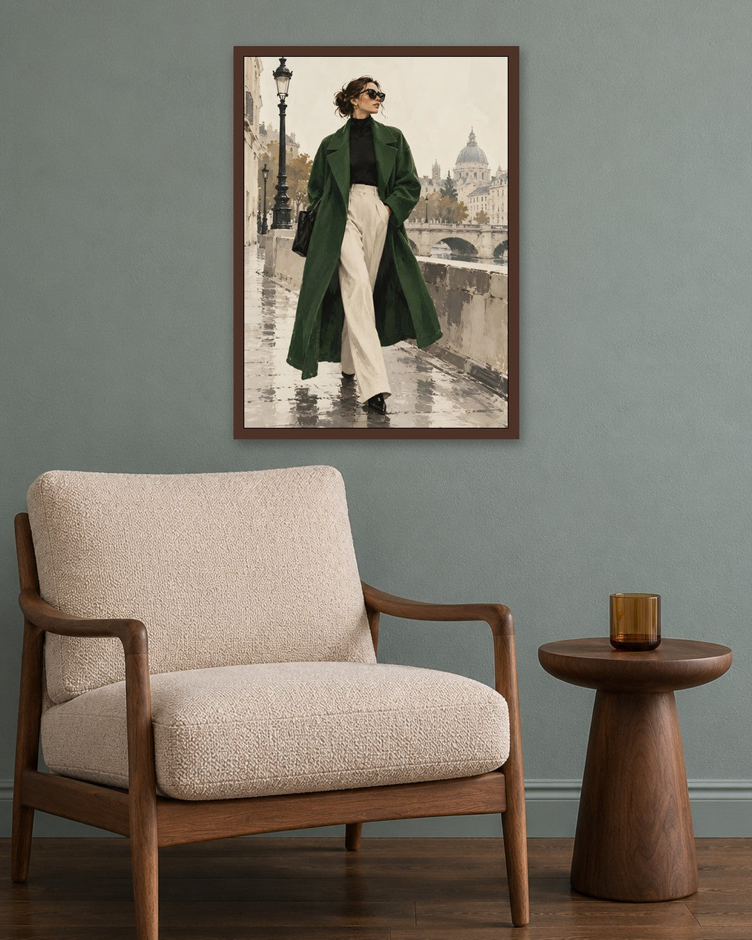 Hugo Morgan - Emerald Coat by the River - dark oak frame in a room