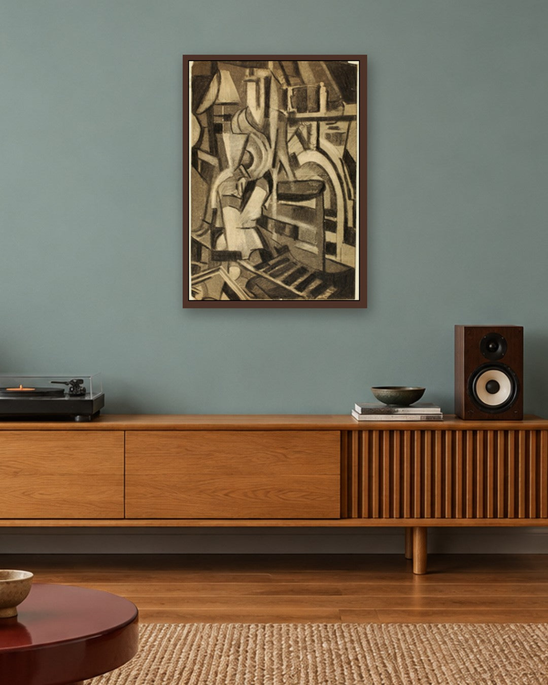 Carl Newman - Abstract--Seated Figure - dark oak frame in a room