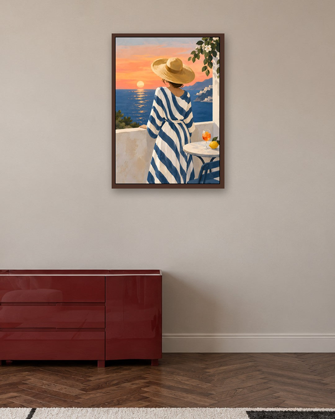 Jinna Jerre - Sunset Terrace by the Sea - dark oak frame in a room