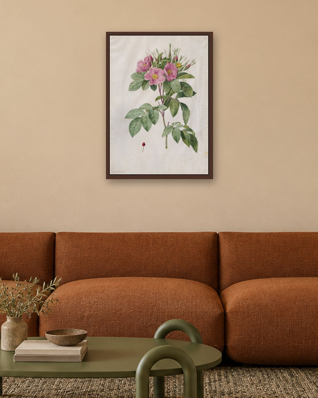 Pierre-Joseph Redouté - Pasture Rose (Rosa Carolina Corymbosa) - dark oak frame in a room