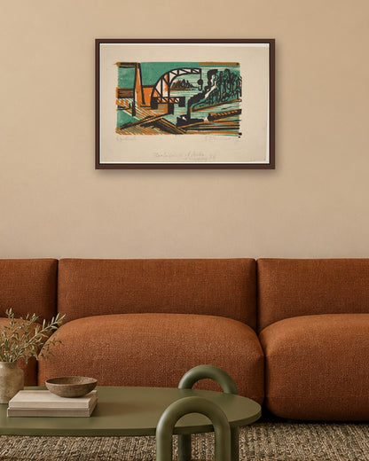 River Landscape with Crane and Barges - dark oak frame in a room